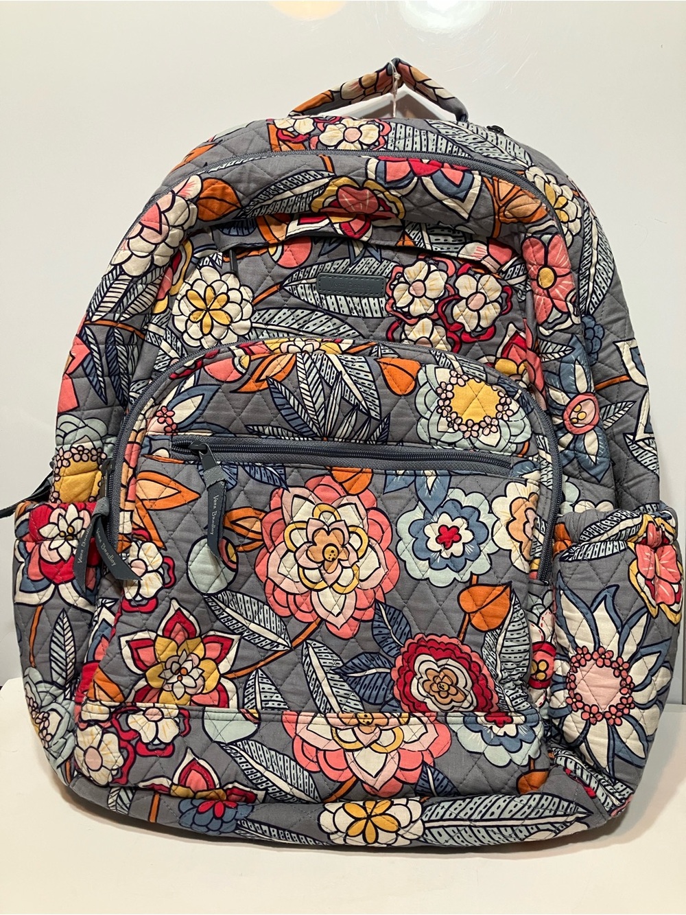 Vera Bradley Quilted Floral Backpack Gray Pink Blue Fabric Zip Adjustable Strap
